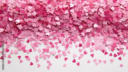 Pile of pink heart-shaped confetti spills onto a white background