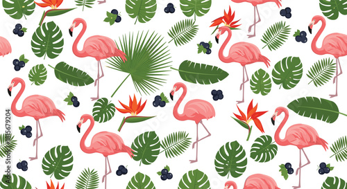 Elegant seamless tropical pattern with pink flamingos, exotic flowers, berries, and a variety of green palm leaves on a white background.