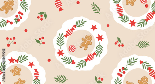 Delicate seamless Christmas pattern featuring festive wreaths with gingerbread men, candies, and stars on a neutral beige background.