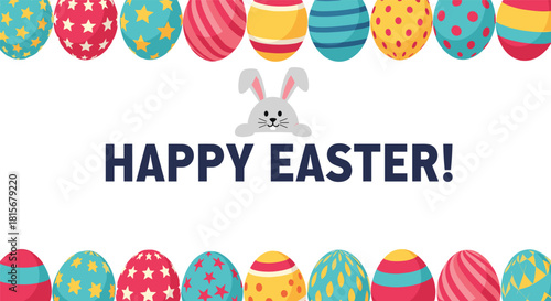 Bright and cheerful Happy Easter greeting card banner with a cute bunny peeking over the text, framed by colorful decorated eggs.