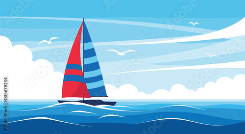 Stylized illustration of a sailboat with red and blue sails cruising on a vibrant blue ocean under a partly cloudy sky.