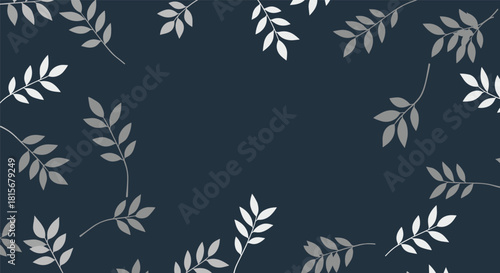 Elegant and minimalist background featuring a frame of scattered silver or light grey leaves and branches on a dark navy blue backdrop.