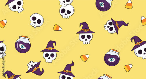 Fun and quirky seamless Halloween pattern with cartoon skulls, some wearing witch hats, potions, and candy corn on a yellow background.
