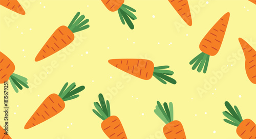 Simple and fresh seamless pattern of bright orange carrots with green tops scattered across a cheerful light yellow background.
