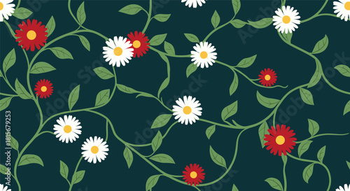 Beautiful seamless floral pattern of intertwining vines with charming white and red daisy flowers on a dark teal green background.
