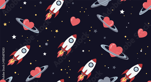 Whimsical seamless space pattern featuring cartoon rockets, heart-shaped planets, and stars on a dark cosmic navy blue background.