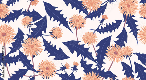 Stylish and artistic seamless pattern of abstract peach-colored dandelions with dark blue leaves on a light neutral background.
