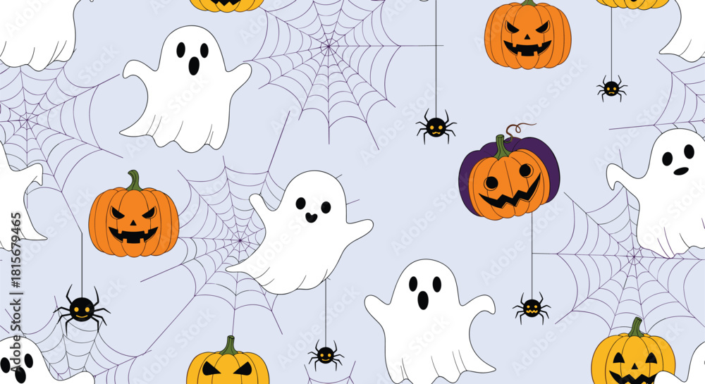 Naklejka premium Spooky and cute seamless Halloween pattern with flying ghosts, jack-o'-lanterns, spiders, and webs on a light purple background.