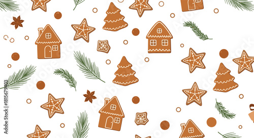Festive seamless Christmas pattern with decorated gingerbread cookies in house, star, and tree shapes, plus fir sprigs and anise.