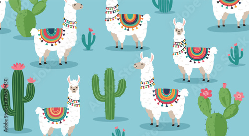 Cute and trendy seamless pattern of adorable white llamas with colorful saddles and various green cacti on a light blue background.