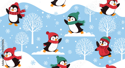 Fun and energetic seamless winter pattern of cute cartoon penguins wearing colorful hats and scarves, playing in a snowy landscape.
