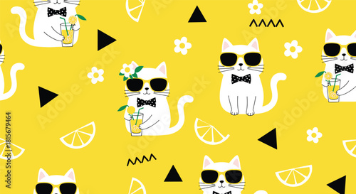 Trendy seamless pattern with cool cartoon cats wearing sunglasses and bow ties, holding lemonade, on a bright yellow background.