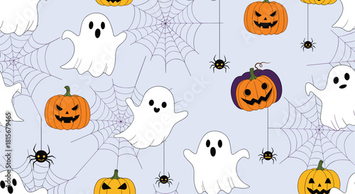 Spooky and cute seamless Halloween pattern with flying ghosts, jack-o'-lanterns, spiders, and webs on a light purple background.