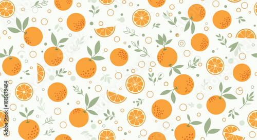 Fresh and clean seamless pattern with whole oranges, fruit slices, and green leaves scattered with bubbles on a white background.