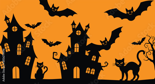 Spooky Halloween scene with black silhouettes of haunted houses, cats, and flying bats against a solid bright orange background.