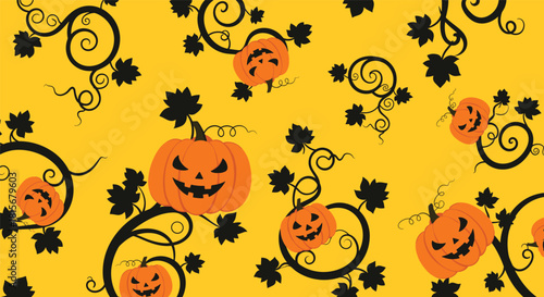 A spooky and festive seamless Halloween pattern of grinning jack-o'-lanterns growing on black swirling vines on a bright yellow background.