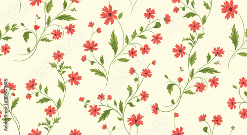 An elegant and classic seamless pattern of delicate red flowers growing on swirling green vines and leaves on a light cream background.