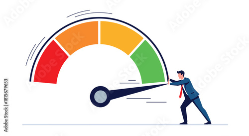 Drive performance with a determined businessman pushing the gauge towards success in this dynamic business illustration, showing progress improvement