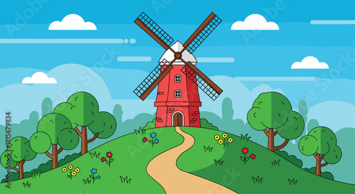 Charming red windmill atop a green hill with flowers under a blue sky, beckoning viewers to a simpler, peaceful countryside escape