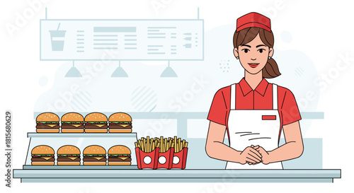 Cheerful restaurant worker ready to serve tasty burgers and fries, creating a welcoming atmosphere for hungry customers in a fast food setting