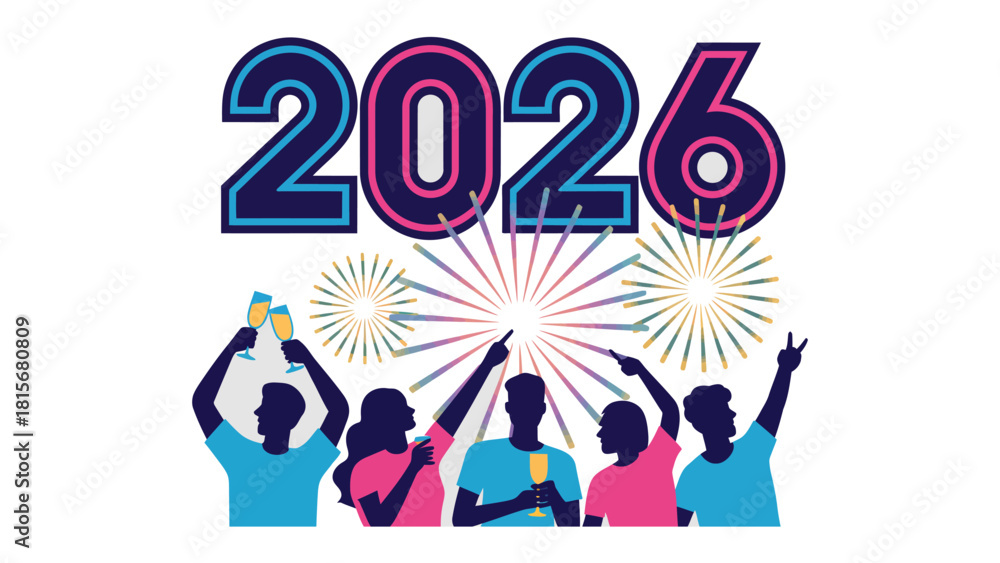 Fototapeta premium Year 2026 Celebration: A silhouette of people celebrate the arrival of the year 2026,raising their glasses toasting with fireworks in the background, symbolizing new beginnings, celebration, and joy.