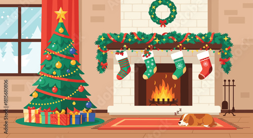 Cozy Christmas evening with decorated tree, stockings hung by the fireplace, and a sleepy dog dreaming of the holidays