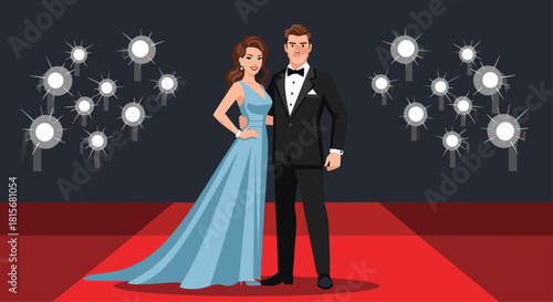 Stunning couple posing elegantly on the red carpet under the spotlight, perfect for celebrating success and luxury events in style