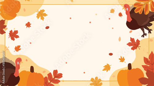 Vector illustration of a Thanksgiving banner with a flat design style, featuring a warm and inviting background with autumnal colors such as orange, yellow, and red