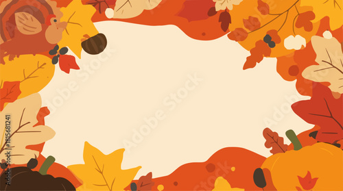 Vector illustration of a Thanksgiving banner with a flat design style, featuring a warm and inviting background with autumnal colors such as orange, yellow,