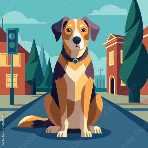Stylized illustration of a mixed breed dog sitting patiently on a street isolated on white background