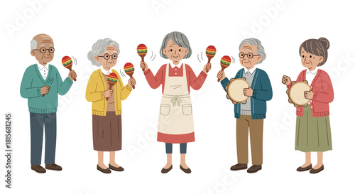 Cheerful senior adults joyfully playing musical instruments like maracas and tambourines, embracing fun and active retirement lifestyle