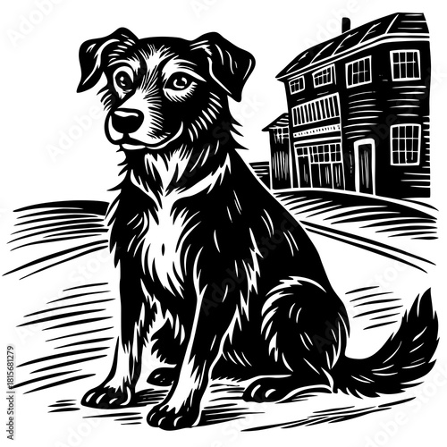 Black and white illustration of a dog sitting in front of a building isolated on white background