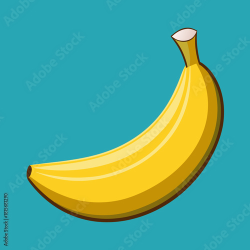 A bright yellow banana with a brown stem isolated on white background