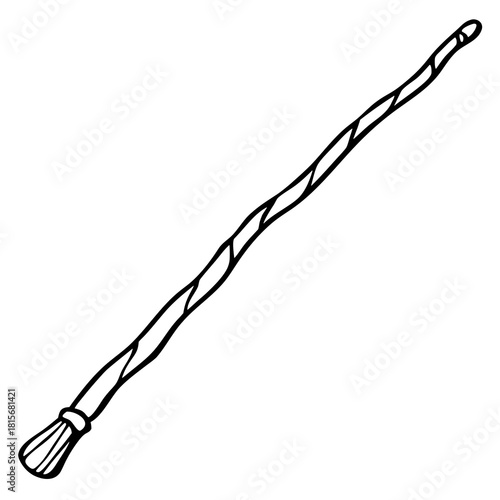 Hand drawn black outline of a twisted magical wand isolated on white background