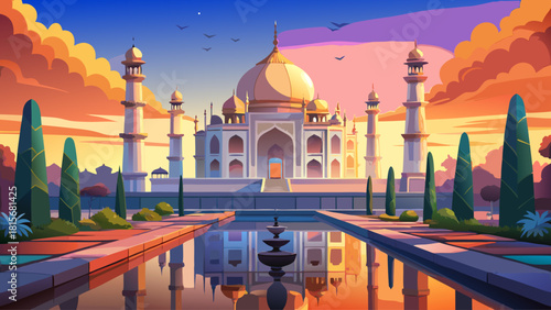Majestic view of the Taj Mahal at sunrise, golden light illuminating its white marble domes and reflecting on the calm water