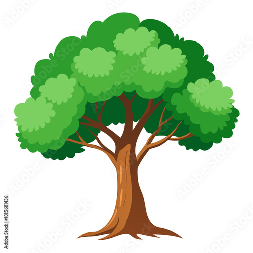A vibrant cartoon tree with lush green foliage and a sturdy brown trunk isolated on white background