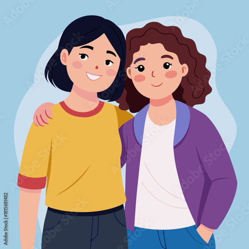 Two happy young women friends embracing with arms around each other isolated on white background