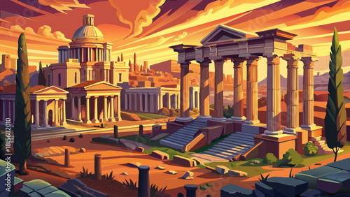 Ultra-realistic illustration of the Roman Forum at sunrise, ancient ruins glowing in warm golden light