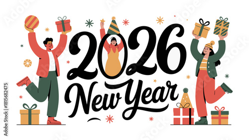 New Year's Celebration: A festive illustration of 2026 New Year, featuring joyful individuals and gift boxes, conveying cheer, celebration, and anticipation.