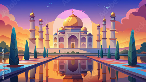 Majestic view of the Taj Mahal at sunrise, golden light illuminating its white marble domes and reflecting on the calm water