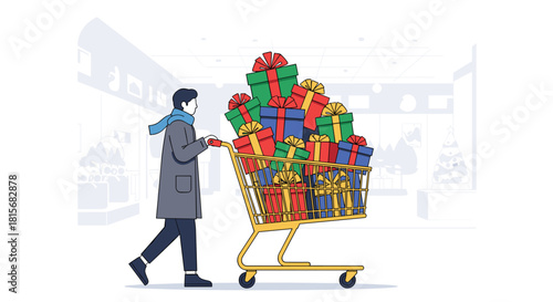 Man cheerfully shopping for gifts at the mall during the holiday season with a full cart of colorful presents for Christmas and celebrations