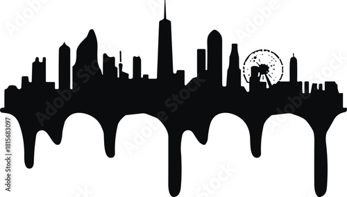 City skyline silhouette vector, dripping paint effect, black flavector shapes, urban decay concept, surreal architecture graphic, white background, artistic cityscape, modern symbolism
