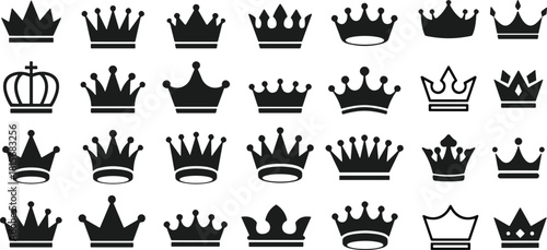 Crown silhouette vector set, royal icon collection, black flavector shapes, regal design styles, monarchy symbols, leadership emblems, decorative crowns, white background, noble theme