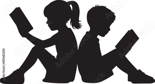 Children reading silhouette vector, back-to-back pose, black flavector icon, literacy and education theme, school graphic, book lovers, white background, childhood learning moment