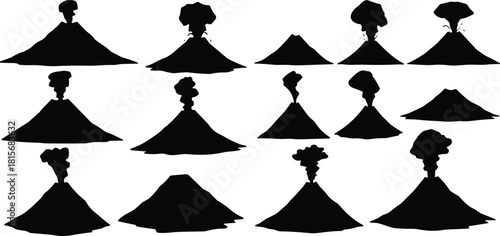 Volcano silhouette vector set, eruption styles, black icons, flavector, geological activity, smoke and blast forms, dormant volcanoes, natural disaster theme, white background, lava burst
