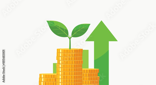 Financial growth bloom with rising profits and investments, illustrated with sprouting coins and a positive uptrend arrow