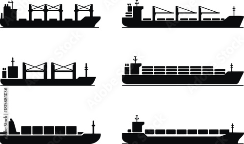 Cargo ship silhouette vector set, container vessels, maritime transport, black icons, flavector, ocean logistics, shipping design, freight carrier, sea trade, nautical graphic, export theme