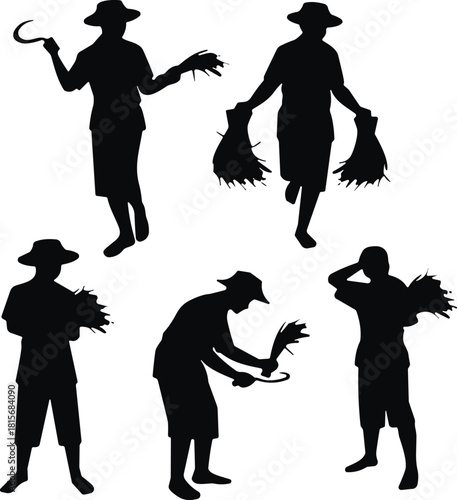Agricultural worker silhouette set, rice harvesting, traditional farming, black icons, crop bundle, sickle action, flavector, rural labor, field work, nature graphic, manual technique