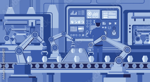 Modern industrial factory with automated assembly line robots controlled by engineer for manufacturing and production efficiency in blue hues