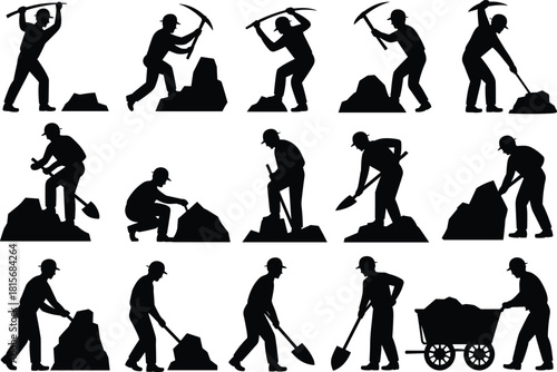 Mining workers silhouette set, pickaxe, shovel, excavation, underground labor, coal diggers, industrial workforce, black icons, vector illustration, construction tools, hard work, flavector